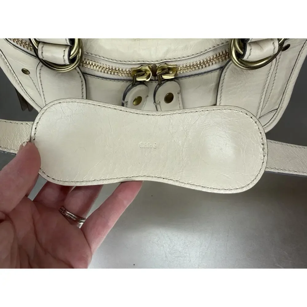 Chloé Bay Top Handle Shoulder Bag Cream Crinkle Leather Satchel Chunky Zip